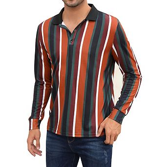 Mens Polo Shirts Vintage Vertical Striped Lapel Collar Button Down Golf Football Sports T Shirt