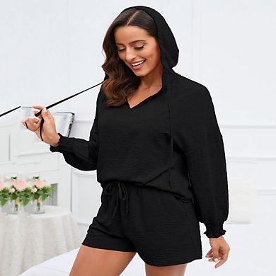 Womens 2 Piece Sets Hoodie Shirts with Shorts Shirred Cuff Blouse with Drawstring Shorts