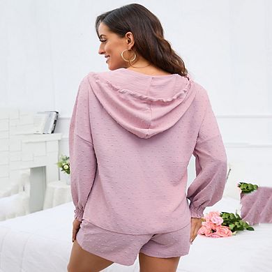 Womens 2 Piece Sets Hoodie Shirts with Shorts Shirred Cuff Blouse with Drawstring Shorts