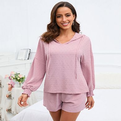 Womens 2 Piece Sets Hoodie Shirts with Shorts Shirred Cuff Blouse with Drawstring Shorts