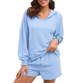 Womens 2 pc Sets Hoodie Shirts with Shorts Shirred Cuff Blouse with Drawstring Shorts