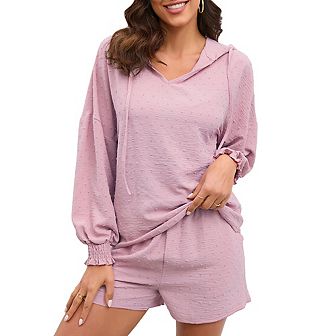 Womens 2 pc Sets Hoodie Shirts with Shorts Shirred Cuff Blouse with Drawstring Shorts
