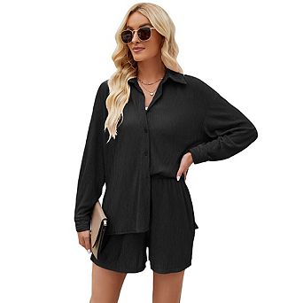 Women Pleated 2 pc Outfits Long Sleeve Button Down Shirt Wide Leg Pants Sets Casual Loungewear