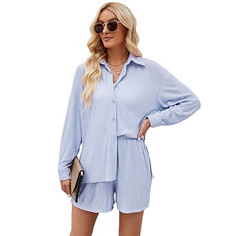 Women Pleated 2 pc Outfits Long Sleeve Button Down Shirt Wide Leg Pants Sets Casual Loungewear