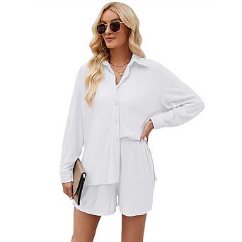 Women Pleated 2 pc Outfits Long Sleeve Button Down Shirt Wide Leg Pants Sets Casual Loungewear