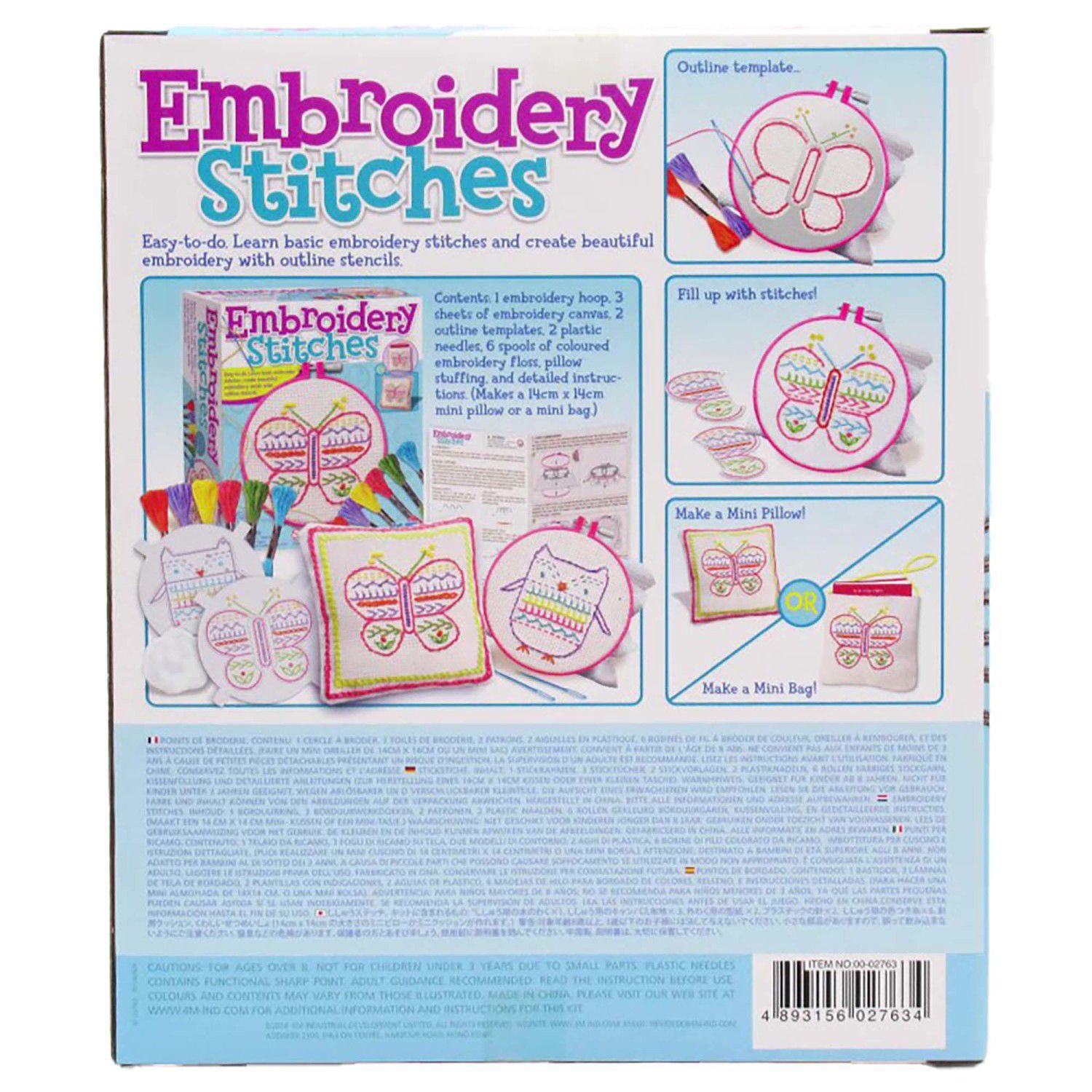 4M Embroidery Stitches Kit - Learn 10 Basic Embroidery Skills For Kids 8+ | Complete DIY Craft Set With Floss, Hoops & Instructions