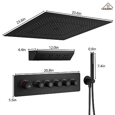 24" L x 24" W Luxury 5-Function Flush Mounted Thermostatic Shower System With Neck Massage Spout