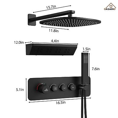 12 In Rainfall Wall Mounted Thermostatic Shower System With Handheld Shower and Neck Massage Spout
