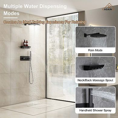 12 In Rainfall Wall Mounted Thermostatic Shower System With Handheld Shower and Neck Massage Spout