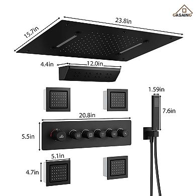 23" L x 16" W 5-Function Flush Mount Thermostatic Shower System With Neck Massage Spout