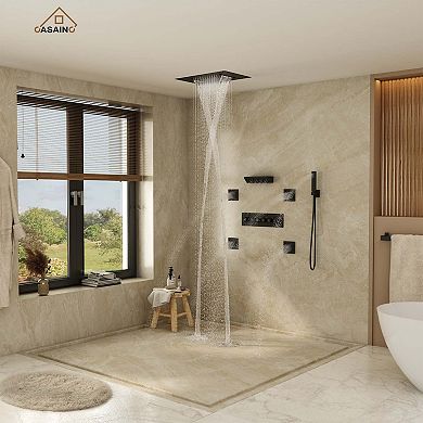 23" L x 16" W 5-Function Flush Mount Thermostatic Shower System With Neck Massage Spout