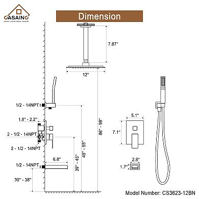 Single-Handle 1-Spray Patterns 12 in. Ceiling Mount Tub and Shower Faucet(Valve Included)