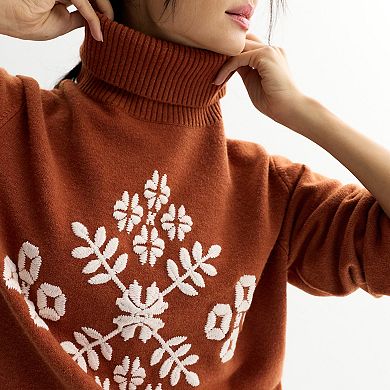 Women's Farmers Market Embroidered Turtleneck Sweater