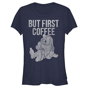 Disney's Snow White And The Seven Dwarfs Sleepy But First Coffee Juniors' Fitted Graphic Tee