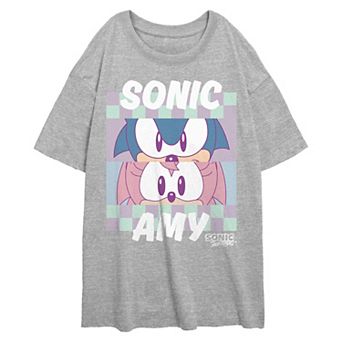 Juniors' Sonic The Hedgehog Sonic And Amy Eye Profile Checkered Background Oversized Graphic Tee