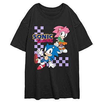 Juniors' Sonic The Hedgehog Sonic And Amy Checkered Background Oversized Graphic Tee
