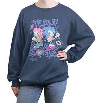 Juniors' Sonic The Hedgehog Team Sonic And Amy 90s Style Oversized Graphic Pullover
