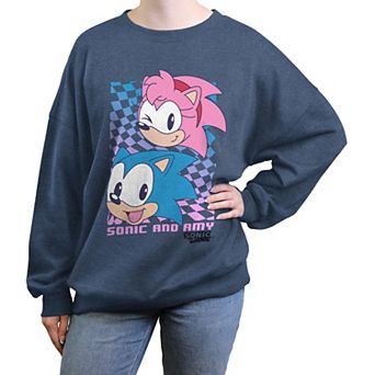 Juniors' Sonic The Hedgehog Sonic And Amy Checkered Background Oversized Graphic Pullover
