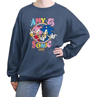 Juniors' Sonic The Hedgehog Amy And Sonic Stamp Oversized Graphic Pullover