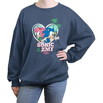 Juniors' Sonic The Hedgehog Sonic & Amy Tropical Love Oversized Graphic Pullover