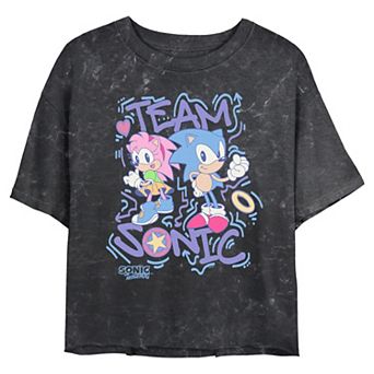 Juniors' Sonic The Hedgehog Team Sonic And Amy 90s Style Cropped Graphic Tee