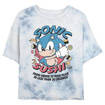 Juniors' Sonic The Hedgehog Sonic Sushi From Order To Your Plate In 30 Seconds Cropped Graphic Tee