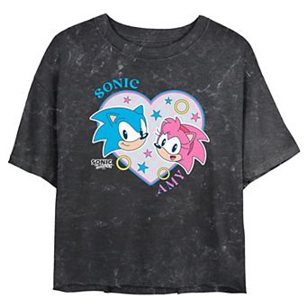 Juniors' Sonic The Hedgehog Sonic And Amy Heart Filled Love Cropped Graphic Tee