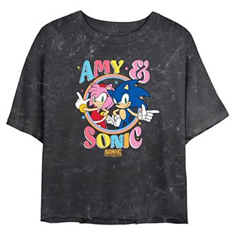 Juniors' Sonic The Hedgehog Amy And Sonic Stamp Cropped Graphic Tee