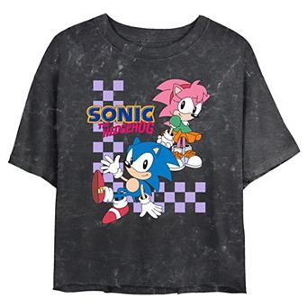 Juniors' Sonic The Hedgehog Sonic And Amy Checkered Background Cropped Graphic Tee