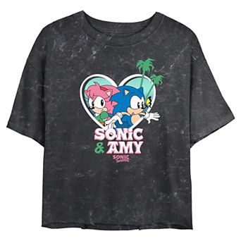Juniors' Sonic The Hedgehog Sonic & Amy Tropical Love Cropped Graphic Tee