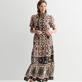 Women's London Times Ruffle Neck Short Sleeve Tiered Skirt Maxi Dress