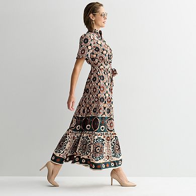 Women's London Times Ruffle Neck Short Sleeve Tiered Skirt Maxi Dress