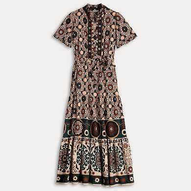 Women's London Times Ruffle Neck Short Sleeve Tiered Skirt Maxi Dress