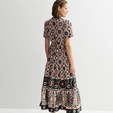 Women's London Times Ruffle Neck Short Sleeve Tiered Skirt Maxi Dress