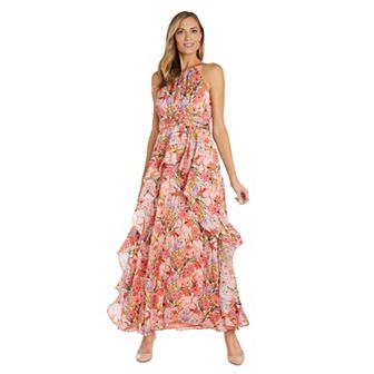 Petite R&M Richards One-Piece Printed Peplum Halter Dress