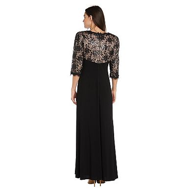 Petite R&M Richards Long 3/4 Sleeve And Lace Bodice Cocktail Dress