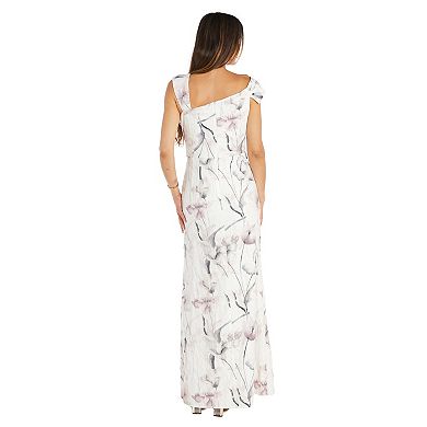 Petite R&M Richards One-Piece One Shoulder Cuff Print Foil Jacquard Long Column Dress