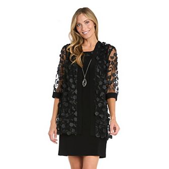 Petite R&M Richards 2 pc 3D Floral Jacket & Jersey Tank Dress with Detachable Necklace