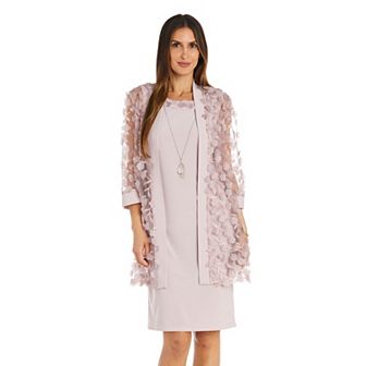 Petite R&M Richards 2 pc 3D Floral Jacket & Jersey Tank Dress with Detachable Necklace