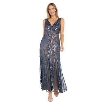Petite R&M Richards Long Beaded Dress With Contrast Lining Sleeveless V-Neck With Godet Skirt