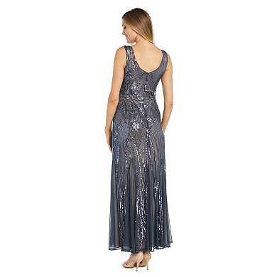 Petite R&M Richards Long Beaded Dress With Contrast Lining Sleeveless V-Neck With Godet Skirt