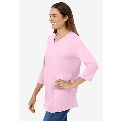 Woman Within Plus Size Petite Perfect Three-Quarter Sleeve V-Neck Tee