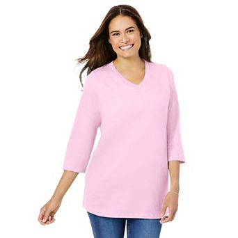 Woman Within Plus Size Petite Perfect Three-Quarter Sleeve V-Neck Tee