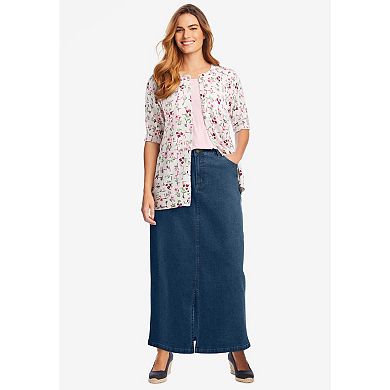 Woman Within Plus Size Stretch Denim Front-Slit Skirt