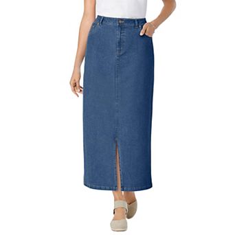 Woman Within Plus Size Stretch Denim Front-Slit Skirt