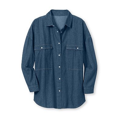 Woman Within Plus Size Snap Front 4-Pocket Denim Big Shirt