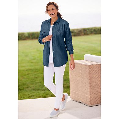 Woman Within Plus Size Snap Front 4-Pocket Denim Big Shirt