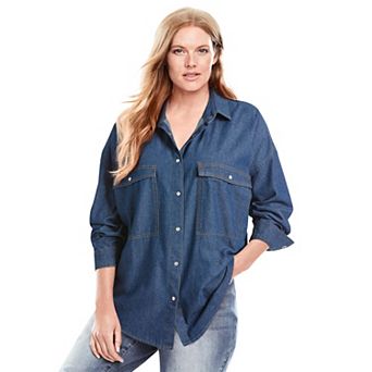 Woman Within Plus Size Snap Front 4-Pocket Denim Big Shirt