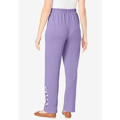 Woman Within Plus Size 7-Day Knit Embroidered Straight-Leg Pull-On Pants