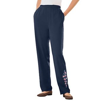 Woman Within Plus Size 7-Day Knit Embroidered Straight-Leg Pull-On Pants